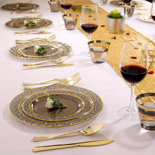 150PCS Clear Black Plastic Plates - Gold Plastic Plates with Gold Plastic Silverware Include: 25Dinner Plates, 25Dessert Plates, 25Cups, 25Forks, 25Knives, 25Spoons for Wedding Party - SHOWLU FASHION STORE