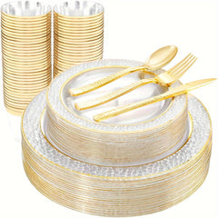 150PCS Clear Gold Plastic Plates - Disposable Gold Rim Plates include 25Dinner Plates, 25Dessert Plates, 25Forks, 25Knives, 25Spoons, 25Cups for Wedding & Party - SHOWLU FASHION STORE