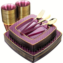 A set of purple square plastic plates, cups, and gold-colored cutlery stacked on a white background.
