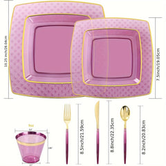 A set of purple square plastic plates, cups, and gold-handled cutlery with dimensions displayed.