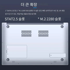 The bottom view of a laptop showing two removable panels for SATA and M.2 SSD storage expansion.
