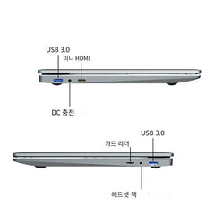 The side profiles of a slim laptop showing USB 3.0, mini HDMI, DC charging, card reader, and audio ports.