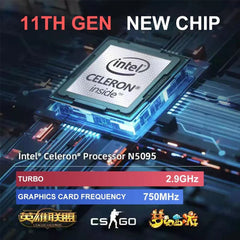 An Intel Celeron N5095 processor chip with a 2.9GHz turbo frequency and 750MHz graphics.