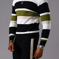 Men's Striped Color-Block Ribbed Knit Sweater - Long Sleeve Round Neck Pullover with Elastic Comfort Fit, Machine Washable Casual Fall Winter Top in Black/White/Green/Beige, Knit Sweater, Medium Elasticity
