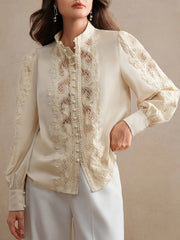 Women's Elegant Lace-Trimmed Semi-Sheer Long Sleeve Shirt - Stand Collar Button-Front Blouse with Puffed Shoulders, Machine Washable Lightweight Top for Spring Summer Fall, Versatile Casual to Formal Wear, Seasonal Wardrobe S