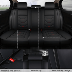 Black faux leather car seat covers with red accents and a universal fit design.