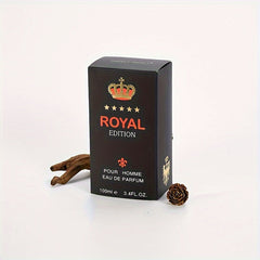 A black rectangular box of Royal Edition eau de parfum for men stands on a white surface.