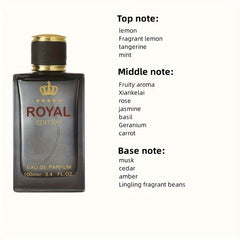 A bottle of Royal Edition eau de parfum for men with a list of its fragrance notes beside it.