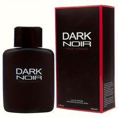 A bottle of Dark Noir Pour Homme eau de parfum next to its black and red rectangular box.