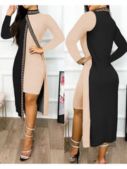A model wears a long-sleeve color-block bodycon dress with a high neck and side slit.