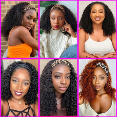 Six women wearing various styles of 18-inch kinky curly headband wigs with different scarves.