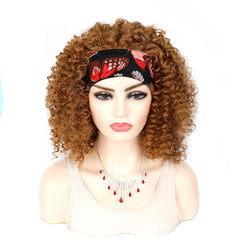 A mannequin wears an 18-inch kinky curly brown headband wig with a butterfly-patterned scarf.