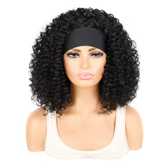 A mannequin wears an 18-inch black kinky curly afro wig with an attached black headband.