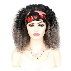 A mannequin wears an 18-inch ombre kinky curly headband wig with a butterfly-patterned scarf.