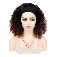 A mannequin wears an 18-inch ombre kinky curly headband wig with a black scarf.