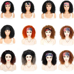 A grid of twelve mannequin heads wearing various 18-inch kinky curly headband wigs.