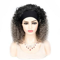A mannequin wears an 18-inch ombre kinky curly headband wig with a black scarf.