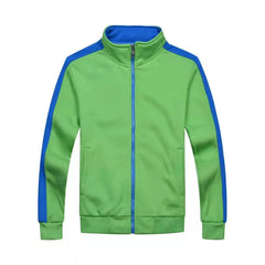 Green medical jacket with blue accents and a full-length front zipper.