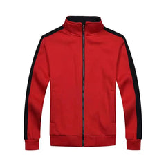 Red medical jacket with a black stand-up collar and black side stripes.
