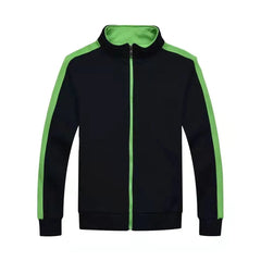 Black medical jacket with a high collar and green side stripes and zipper.