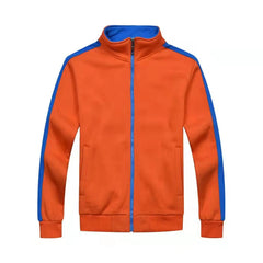 Orange medical jacket with blue accents and a full-length front zipper.