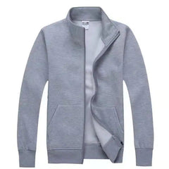 A grey zip-up medical jacket with a high collar and front pockets.