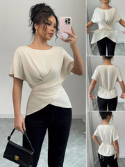 Women'S Elegant Off-Shoulder Blouse with Asymmetrical Hem and Cross Wrap Detail - Short Sleeve, Solid Color, Polyester, Perfect for Adult, All-Season Wear, Casual Attire|Asymmetrical Hem Top|Polyester Fabric
