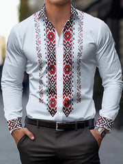 Men's Tribal Ethnic Print Long Sleeve Dress Shirt - 100% Polyester, Classic Collar & Button-Up Front, Machine Washable, Spring/Fall Casual to Formal Wear