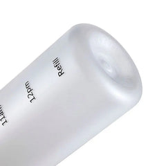 A frosted plastic water bottle with time markers and a refill label.