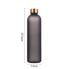 A frosted black one-liter water bottle with a gold cap and time markers, measuring 27.5cm by 7.5cm.