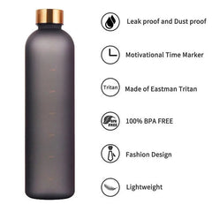 A frosted black one-liter water bottle with a gold cap and printed time markers.