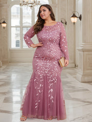 A long-sleeved, mauve mermaid-hem dress featuring a crew neck and intricate sequin floral embroidery.