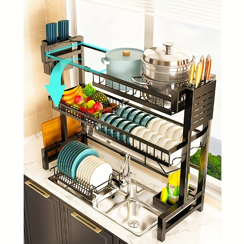 Over Sink Dish Drying Rack Expandable 2-Tier Large Dish Rack Organizer, Carbon Steel Adjustable Kitchen Countertop Storage with Drainage, Capacity for Over Sink Use, Dish Drying Rack for Kitchen Counter SHOWLU FASHION STORE