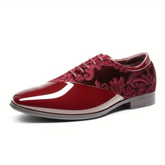 A burgundy men's oxford dress shoe featuring a glossy patent toe and a velvet floral quarter.