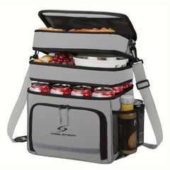 A grey, multi-compartment insulated lunch cooler bag with a shoulder strap and mesh side pocket.