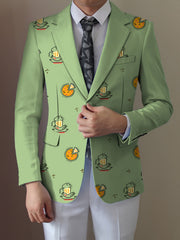 A light green men's blazer featuring a repeating cartoon pattern of pizza and beer mugs.