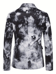 A men's skinny fit blazer featuring a black and white cloud-like gradient print and lapel collar.