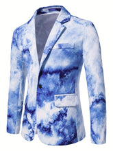 A men's skinny fit blazer featuring a blue and white cloud-like gradient print with a lapel collar.