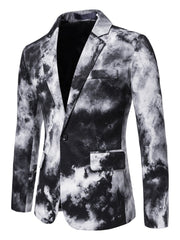 A men's skinny fit blazer featuring a black and white gradient cloud print and button closure.