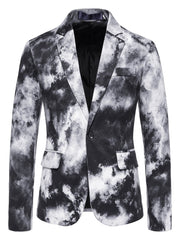 A men's skinny fit blazer featuring a black and white gradient cloud print and a single button.