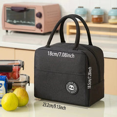 A black insulated lunch bag with a panda logo and dimensions labeled on the front.