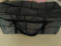 A large black rectangular storage bag with a grid pattern, zipper closure, and carrying handles.