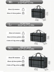 Three sizes of black rectangular storage bags with dimensions and capacity examples shown.