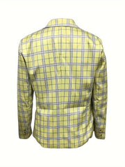 A men's lightweight yellow checkered blazer with a lapel collar and regular fit.