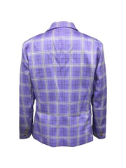 A men's lightweight purple checkered blazer with a lapel collar shown from the back.