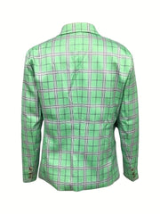 A men's lightweight green checkered blazer with a lapel collar and buttoned cuffs.