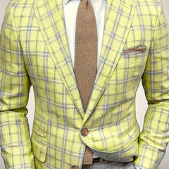 A men's lightweight yellow checkered blazer with a lapel collar and a single-button closure.
