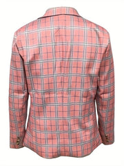 A men's lightweight pink checkered blazer with a lapel collar and regular fit, shown from the back.