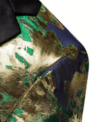 A close-up of a men's suit jacket featuring a metallic gold and green paisley pattern.