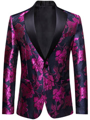 A men's regular fit blazer featuring a vibrant magenta floral pattern on a dark blue background.